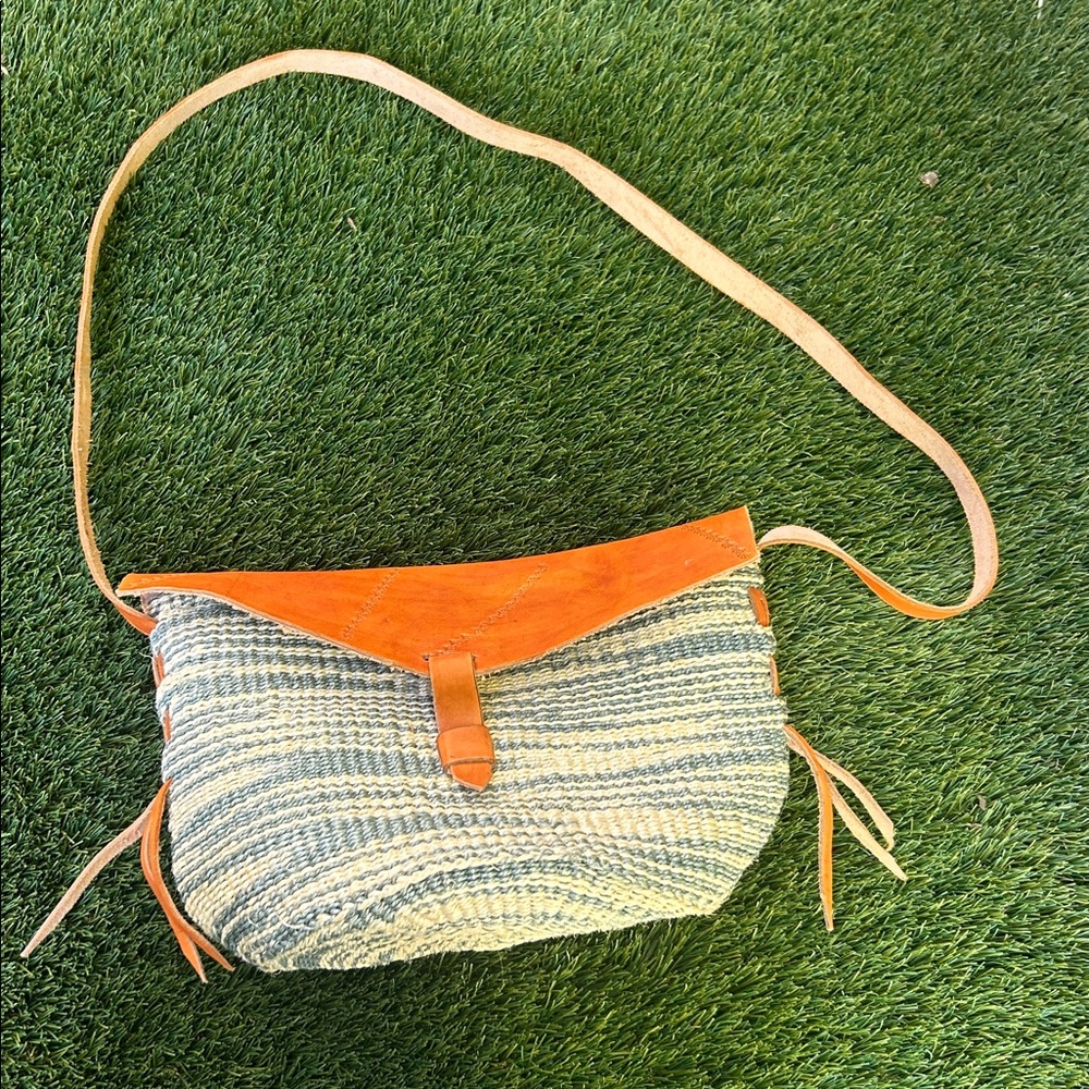 Sisal Bag Brown Blue Stripes Woven Flap Bag Ethnic Tote Woven Fiber Leather Rare